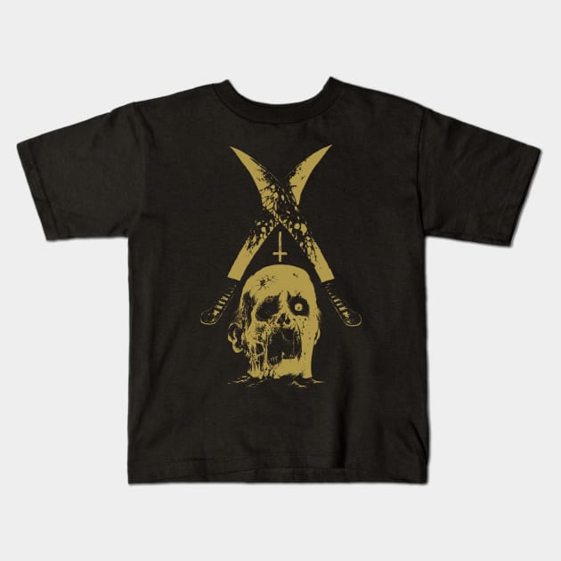 Severed head and two machetes (gold version) Kids T-Shirt by wildsidecomix